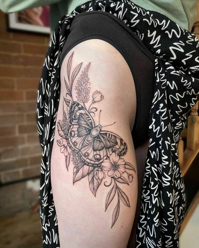 Wildflowers And Butterfly Thigh Tattoo