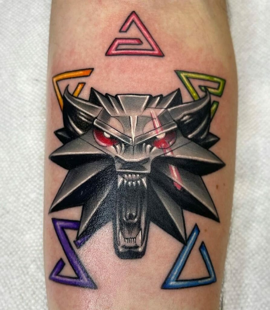 Witcher Wolf Tattoo Design With Witcher Symbols