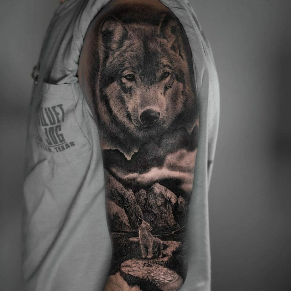 Wolf And Forest Landscape Shoulder To Arm Tattoo