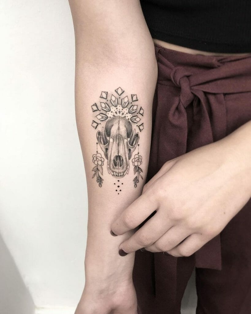 Wolf Skull Tattoo With Crystals And Flowers