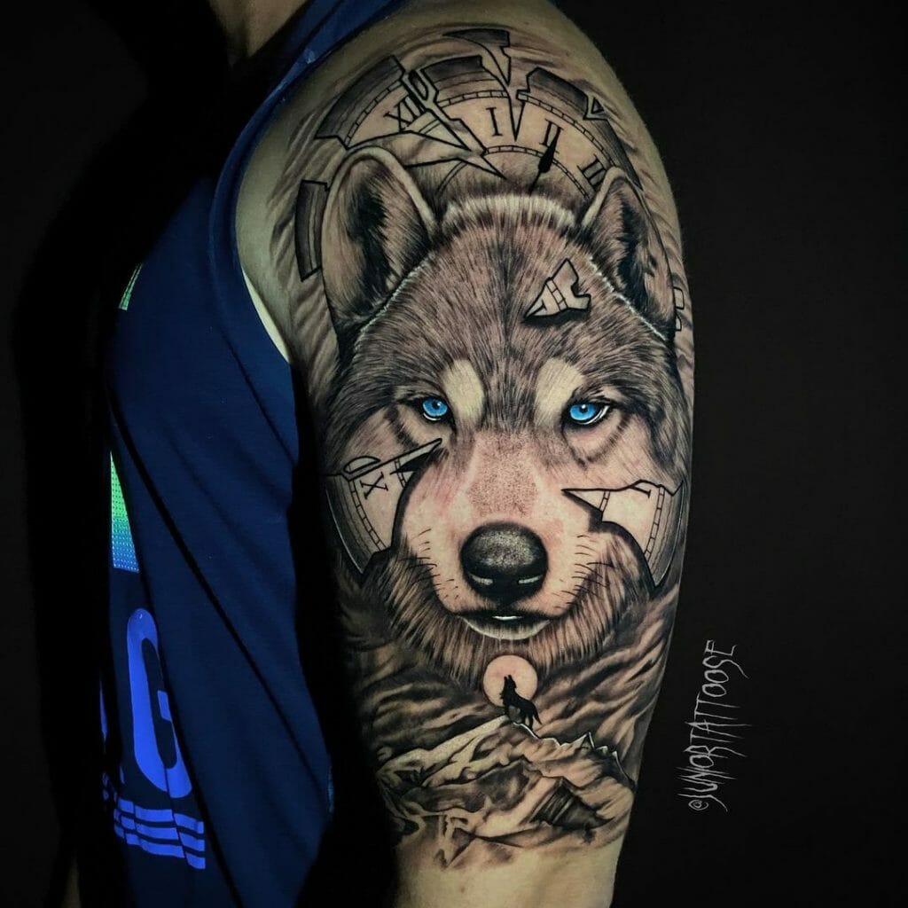 Wolf Tattoo In A Broken Clock