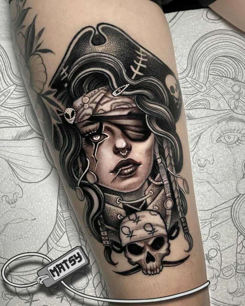 Woman Pirate Face Tattoo Design