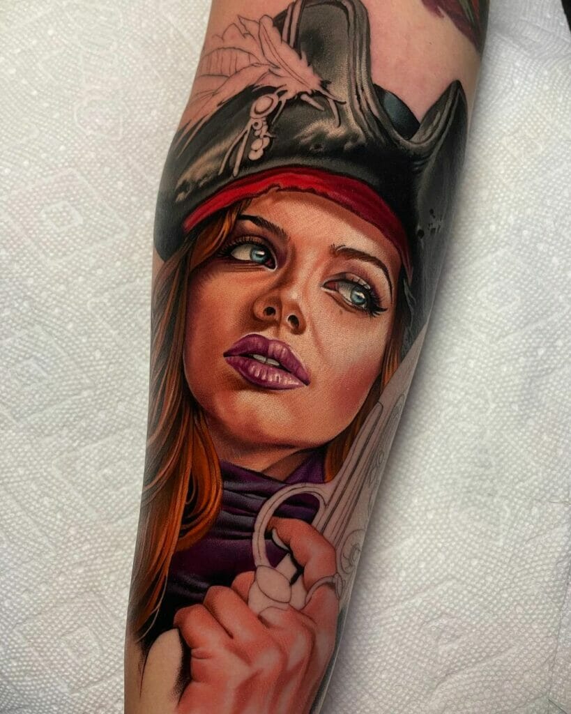 Woman Pirate Face Tattoo Sleeve