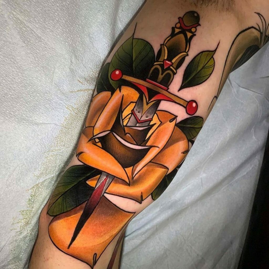 Yellow Rose And Dagger Tattoo
