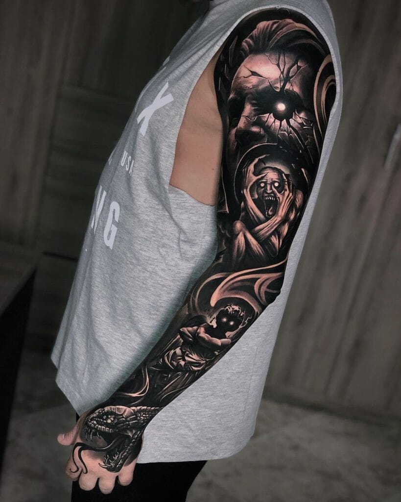 A Beautiful Black And White Full Sleeve Tattoo On Gothic Surrealism