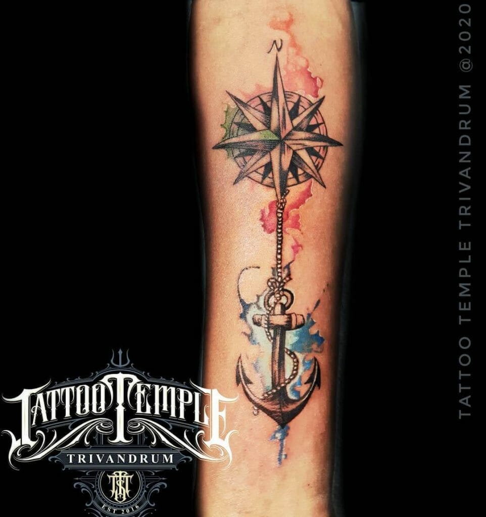 A Watercolor Compass Anchor Tattoo