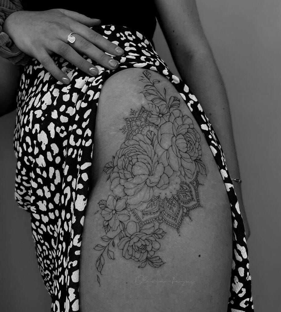 Amazing And Delicate Mandala And Floral Tattoo On Upper Thigh