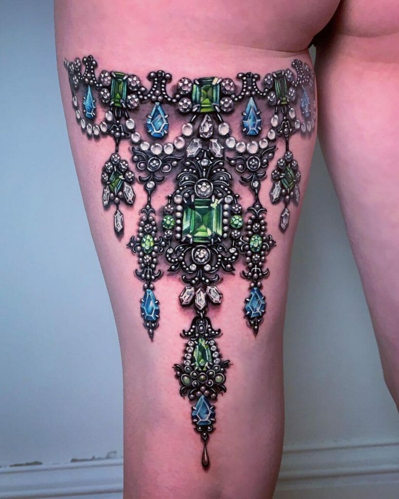 Amazing Burlesque Bejewelled Upper Thigh Tattoos For Women