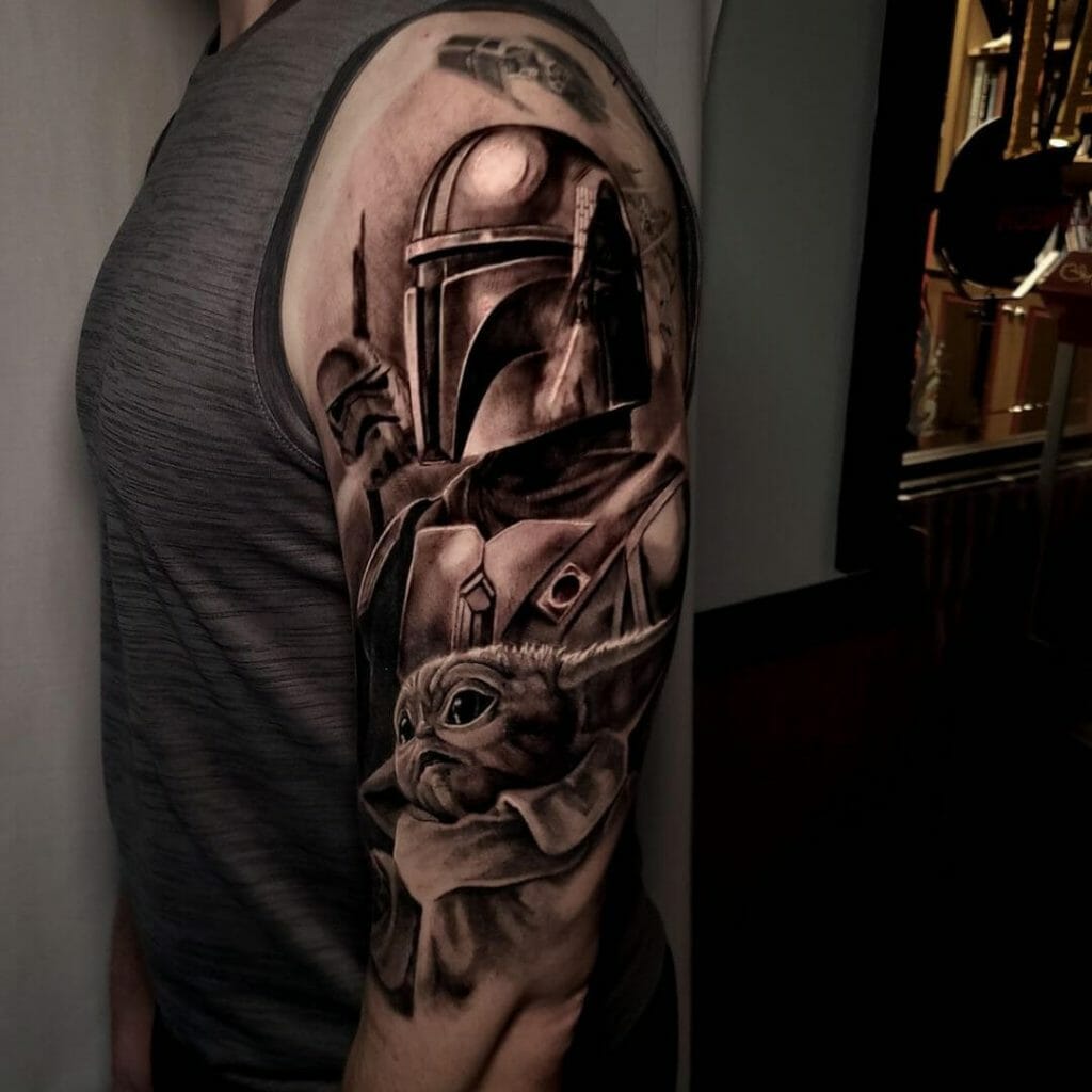 Amazing Tattoo Sleeve Design With Grogu And The Mandalorian