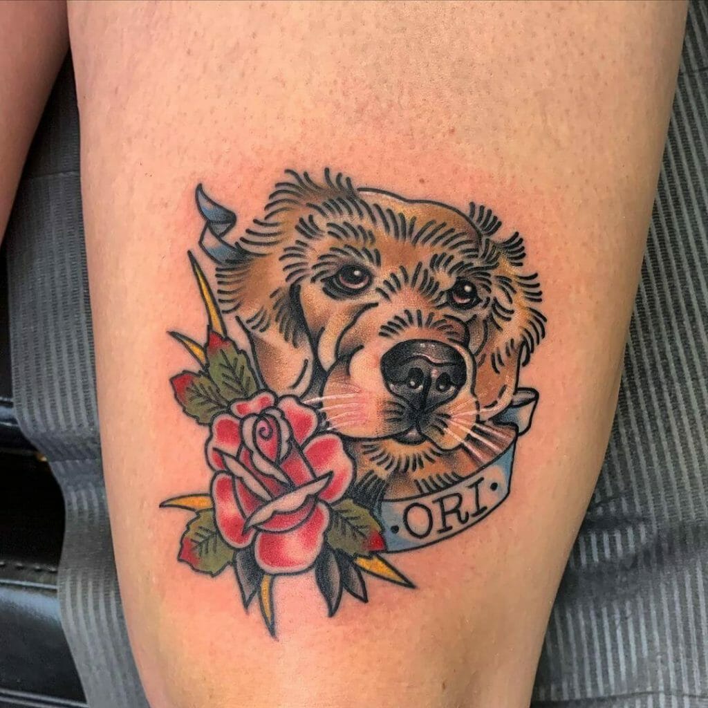 American Traditional Dog Tattoo With The Pet's Name
