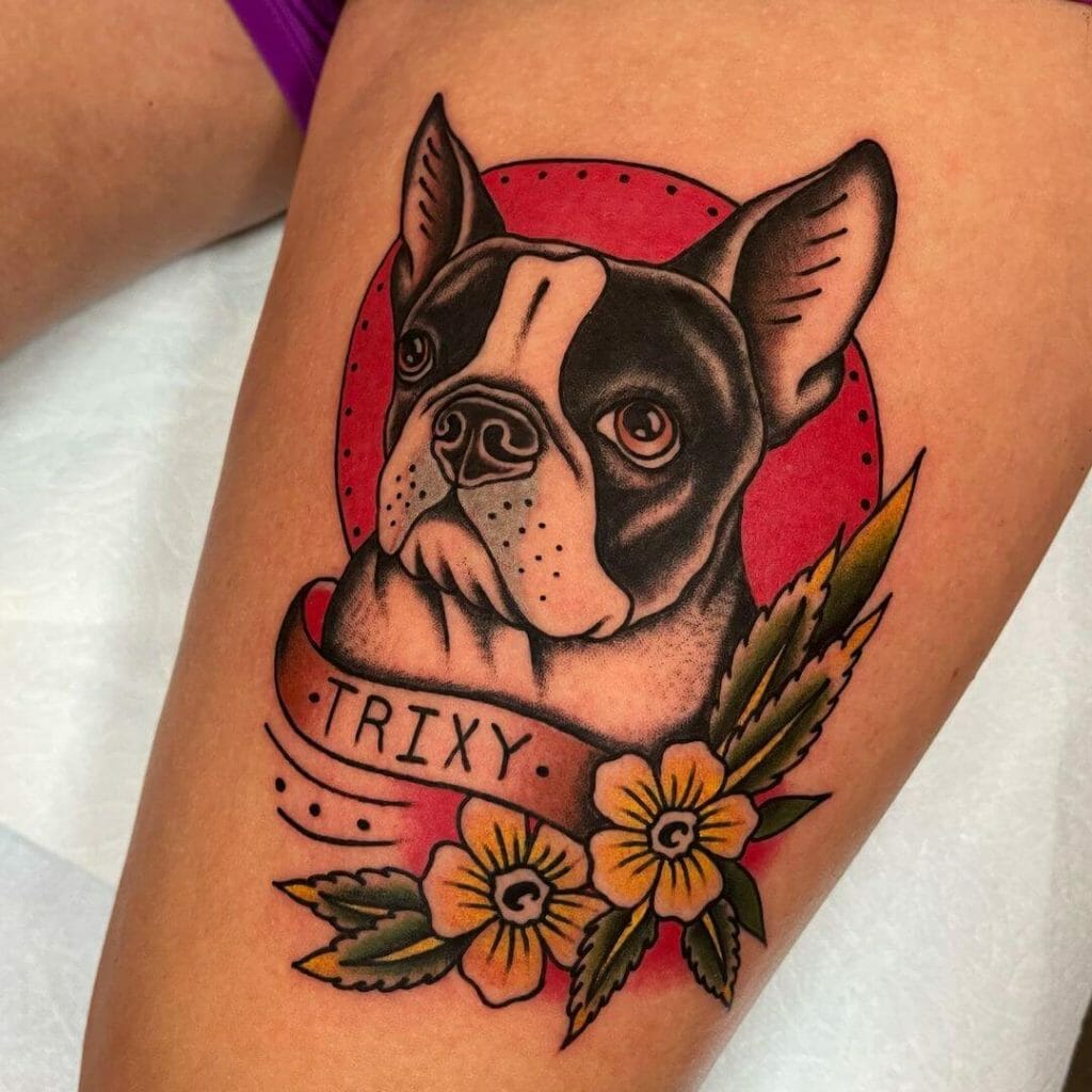American Traditional Dog Tattoos With The Pet's Name 