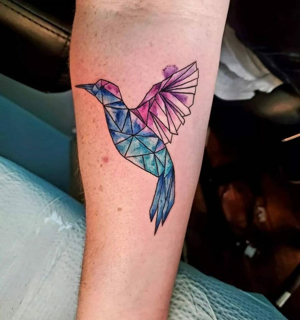 An Idea for Watercolor Effect on Geometric Hummingbird Tattoo Designs