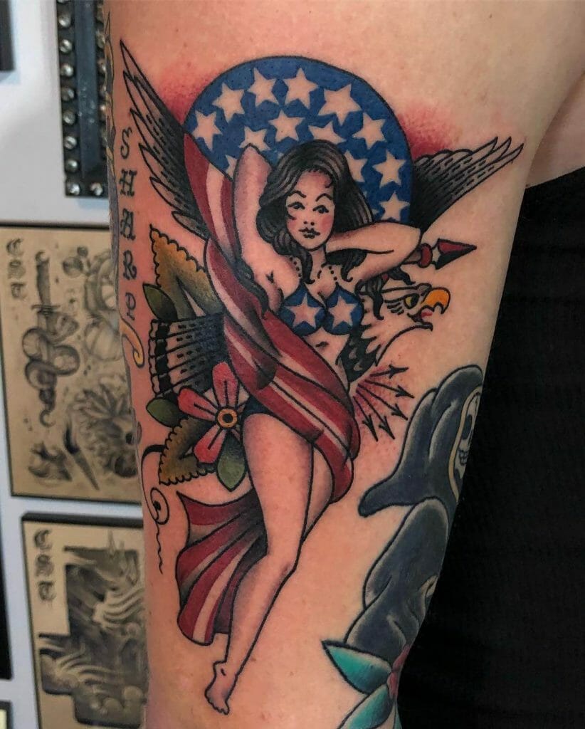 Arm American Flag Tattoo Featuring Pin Up Girl