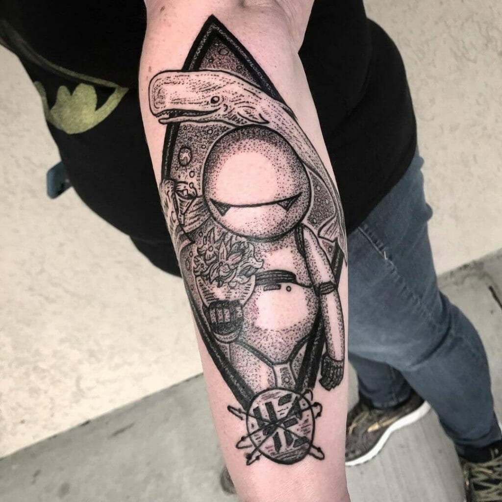 Awesome Blackwork Tattoo Based On The Hitchhiker's Guide To The Galaxy