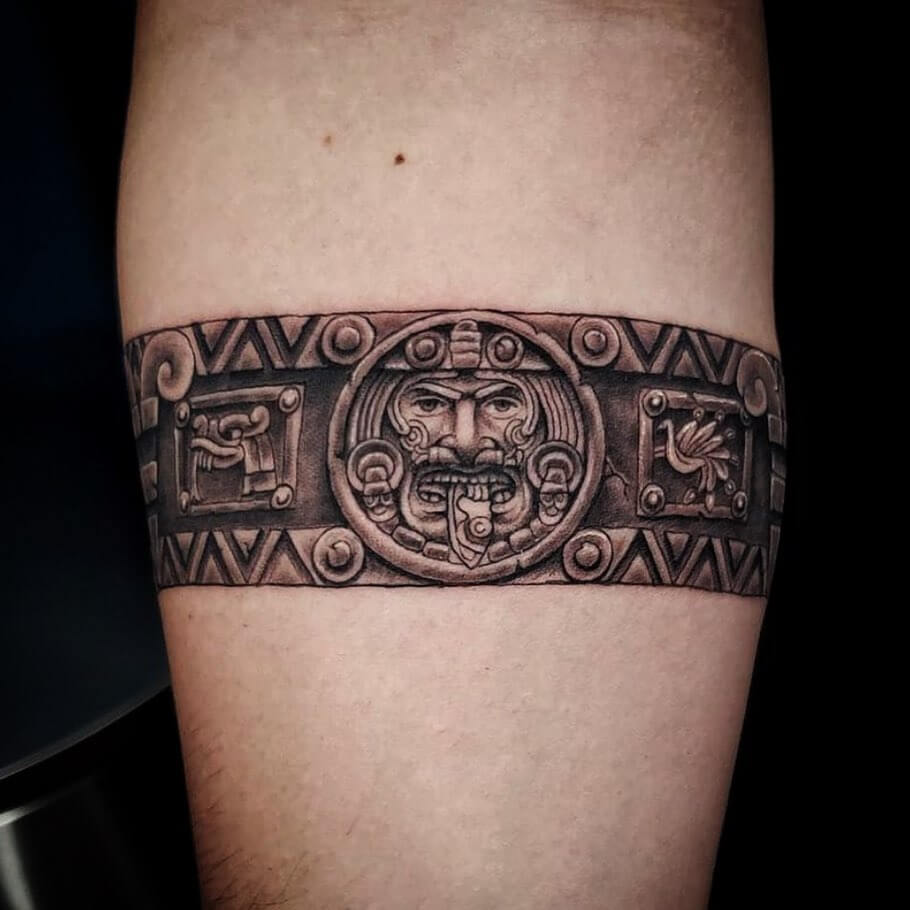 Aztec Arm Band Tattoo With Various Symbols