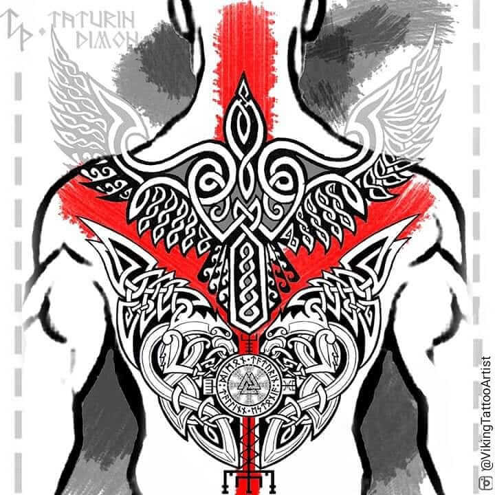 Aztec Red And Black Munin And Hugin Tattoo