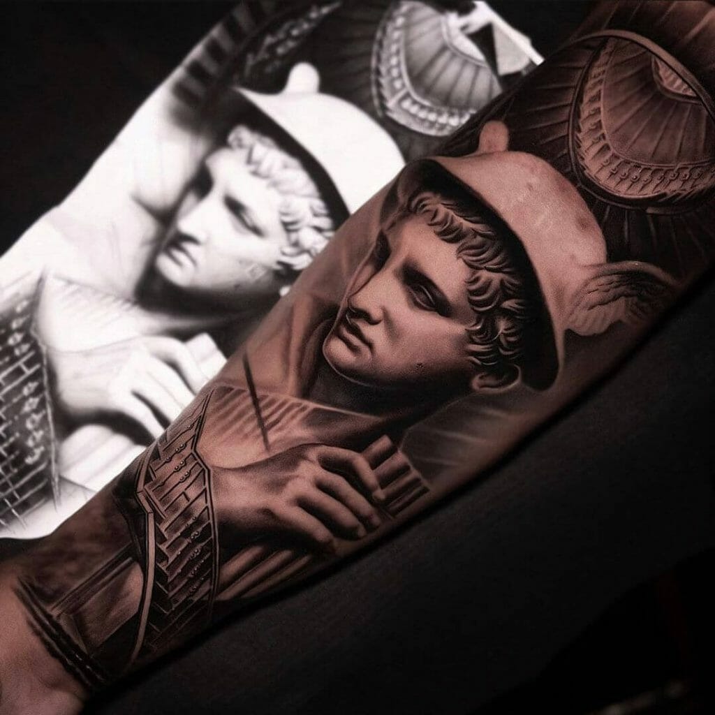 Beautiful Half Sleeve Hermes Tattoo for Greek Mythology Fans