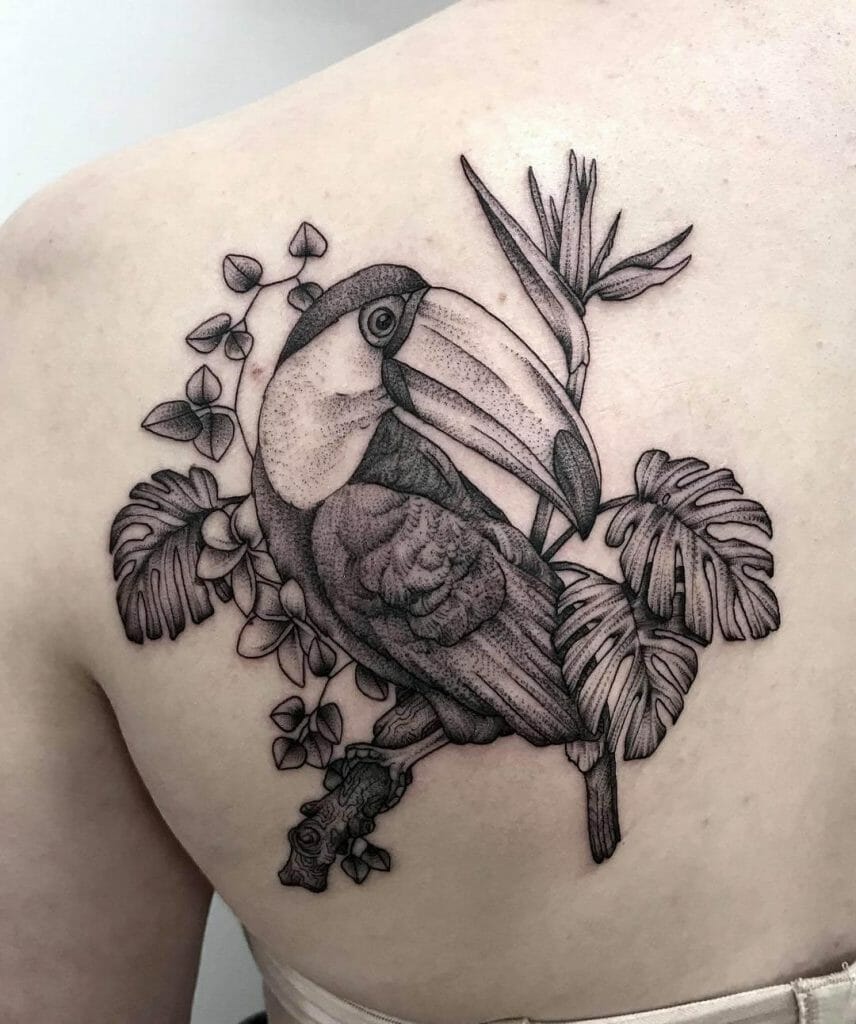 Bird And Monstera Plant Tattoo