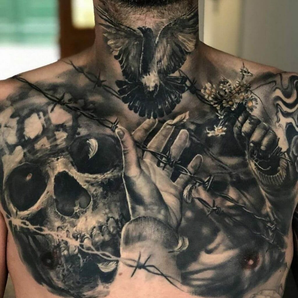 Bird Neck And Chest Tattoos