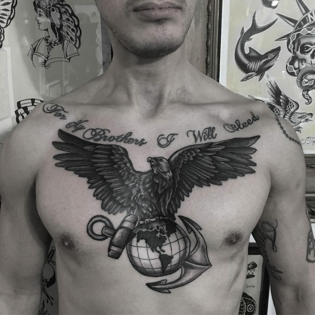 Black And Gray Eagle Globe Anchor Chest Tattoo