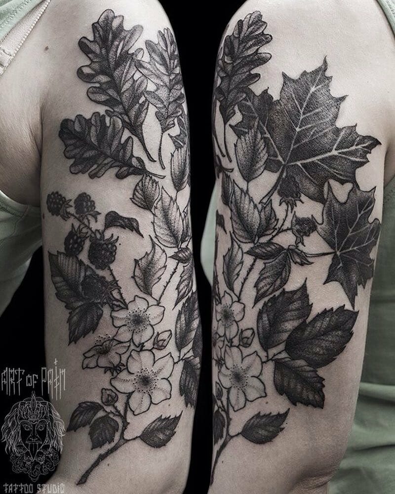 Black And Gray Fall Tattoos With Other Leaves