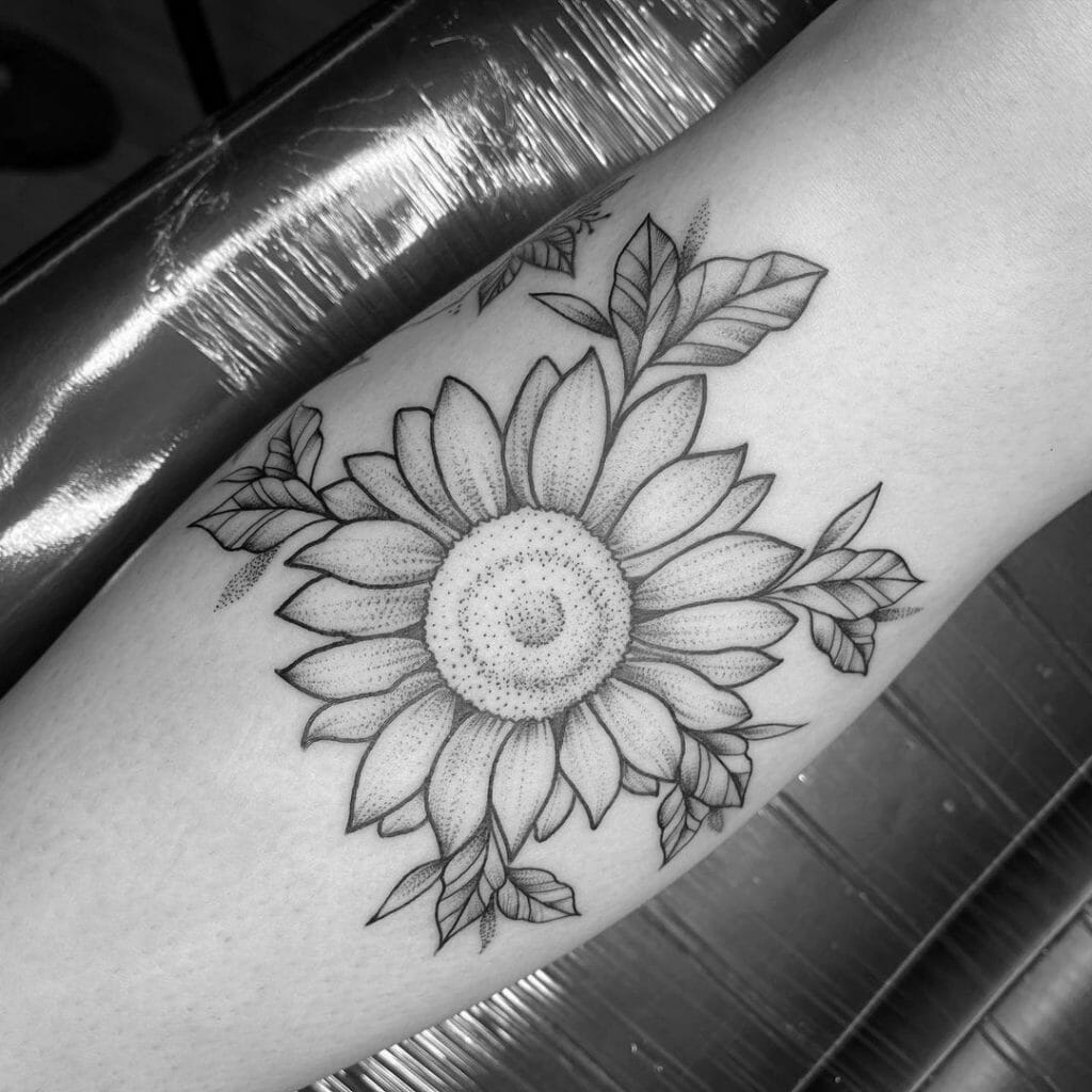 Black And Gray Sunflower Lower Leg Tattoo