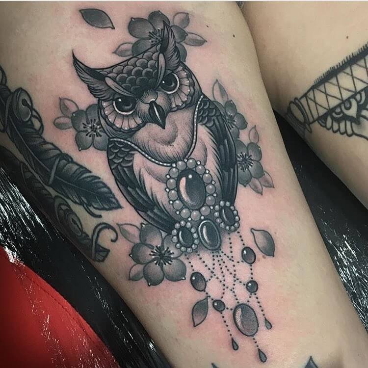 Black And Grey Decorative Neo-Traditional Owl Tattoo Design