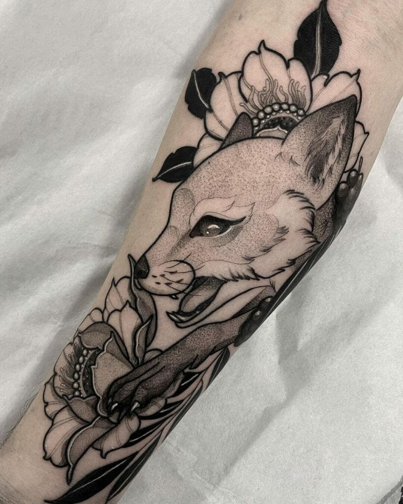 Black And White Neotraditional Fox Tattoo