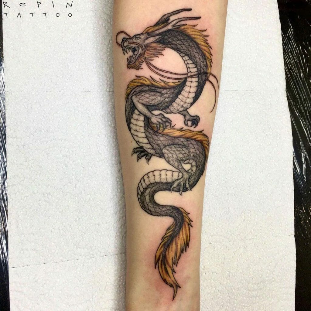 Black And Yellow Chinese Dragon Tattoo