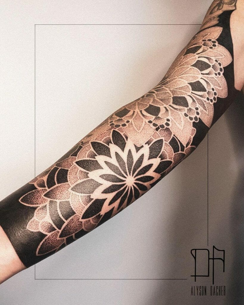 Black Full-Sleeve Geometric Flower Tattoo