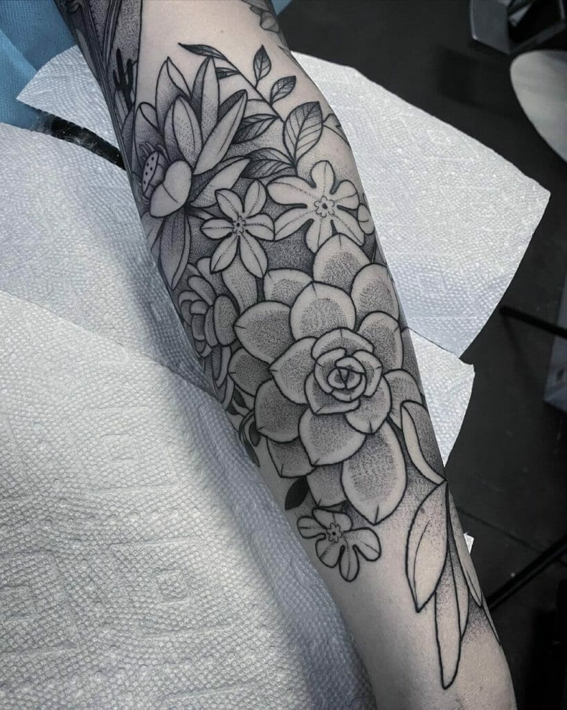 Black and White Succulent Tattoo