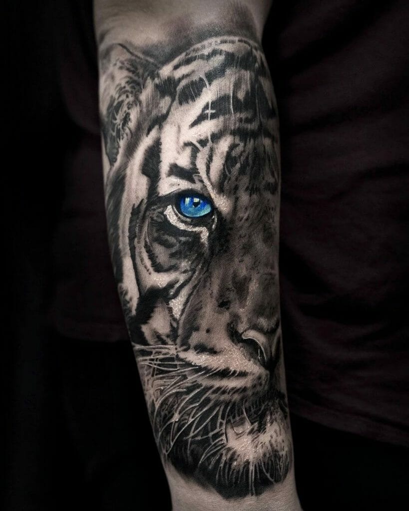Blue Eyed Half Tiger Face Tattoo Design