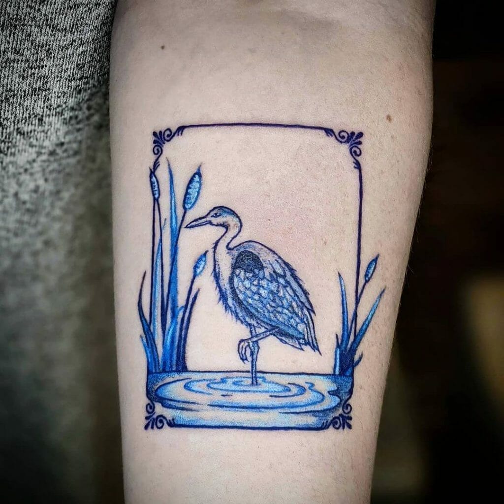 Blue Heron Flash Monochromatic Tattoo 