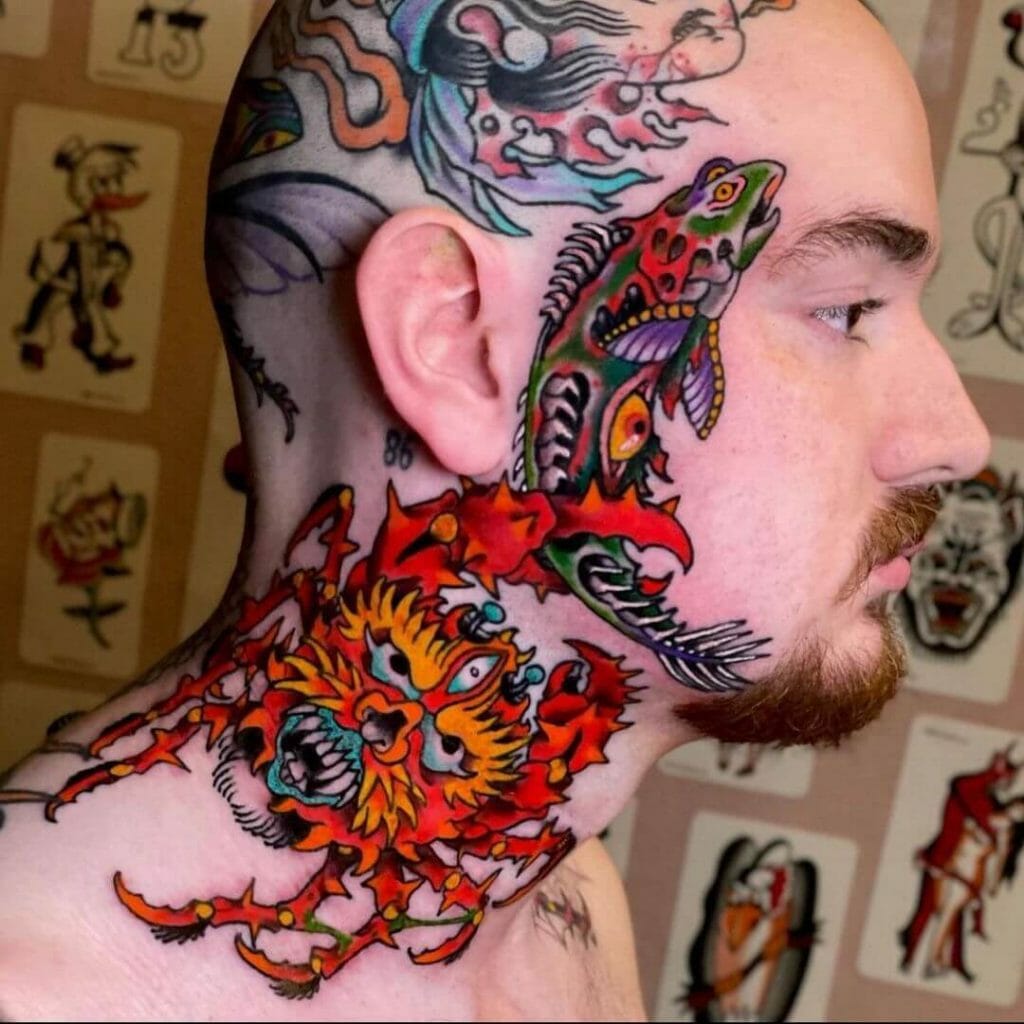 Bold Face And Neck Fish Tattoo