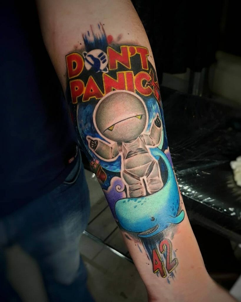 Bright And Colourful Hitchhiker's Guide To The Galaxy Tattoo Designs
