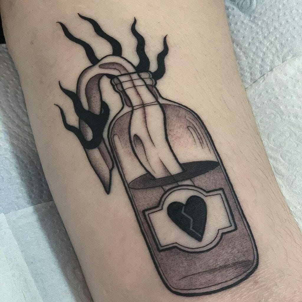Broken Heart Molotov Cocktail Tattoo