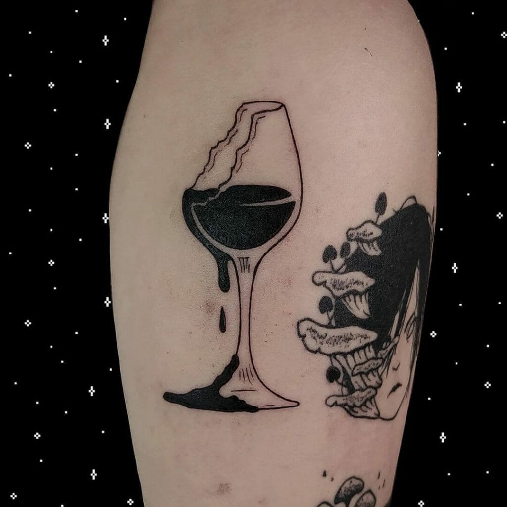 Broken Red Wine Glass With Corpse Tattoo