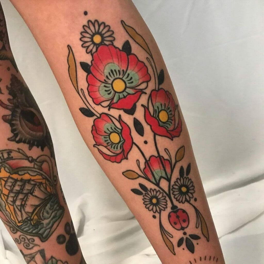 Bug And Flower Folk Art Pattern Tattoo