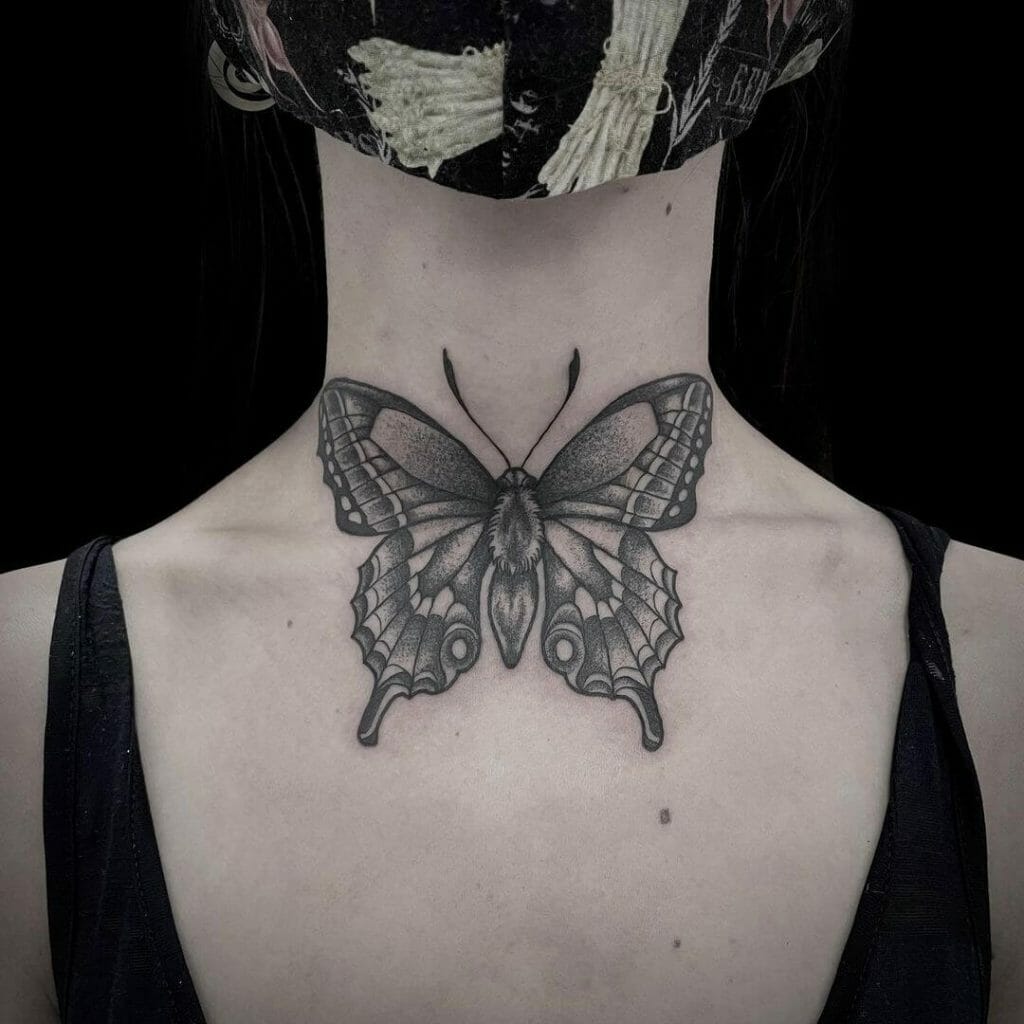Butterfly Neck And Chest Tattoos
