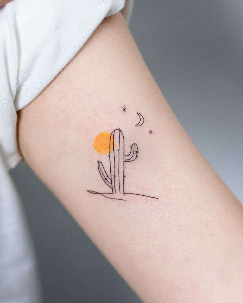 Cactus Plant Under Night And Day Sky Minimalist Tattoo