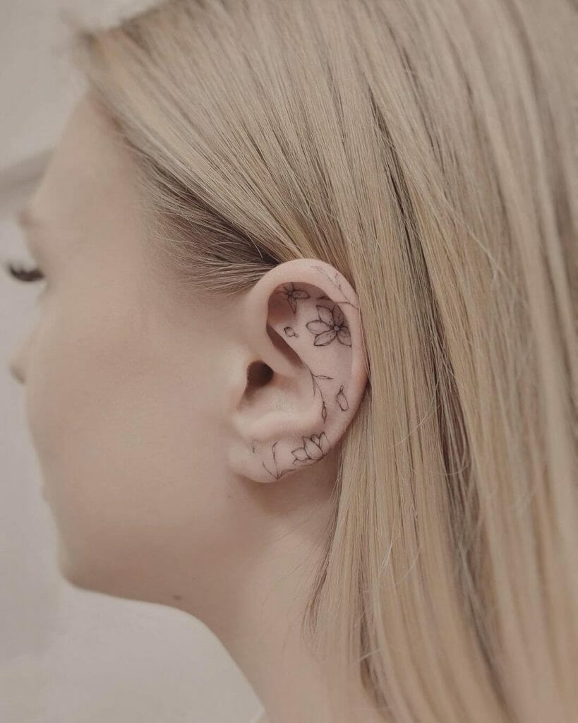 Catherine Flower Line Ear Tattoo Design