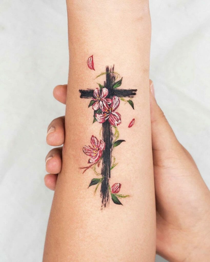 Cherry Blossom Flower Cross Tattoo Designs