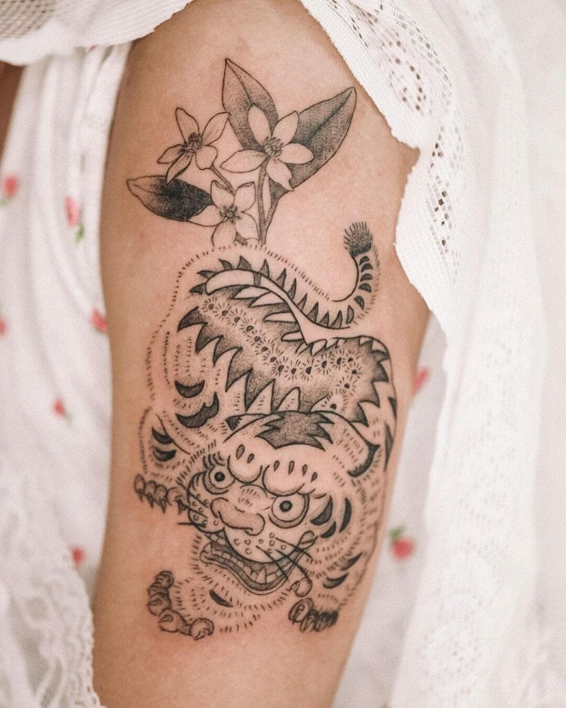 Chinese Tattoos With Folk Tiger With Orange Blossoms