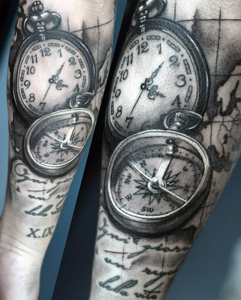 Clock And Compass Sleeve Tattoo