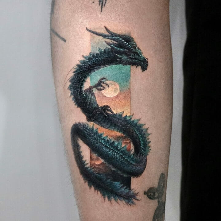 Colored Dragon Tattoo And The Moon