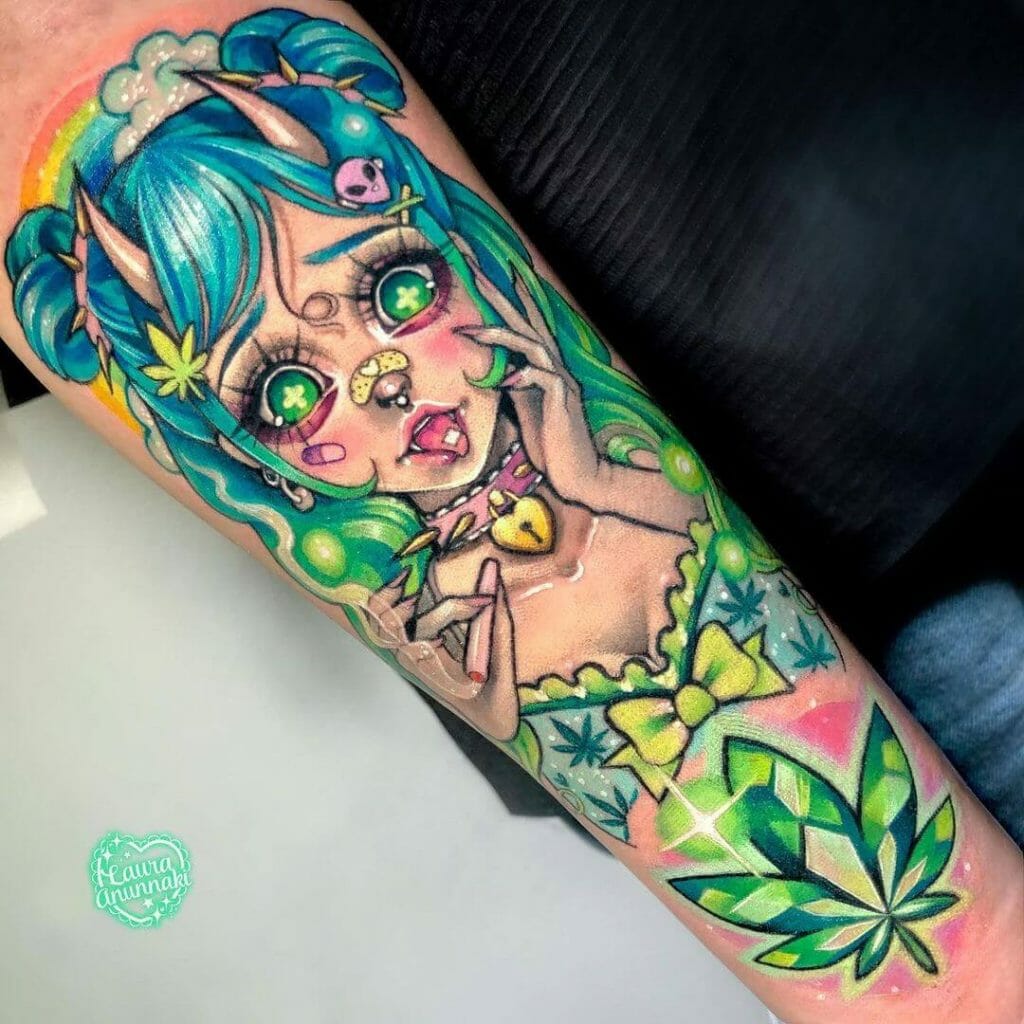 Colorful Cartoon Weed Tattoo