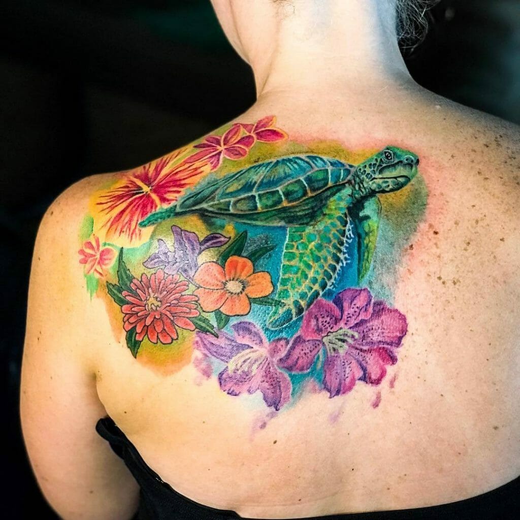 Colorful Hawaiian Sea Turtle Tattoo Design