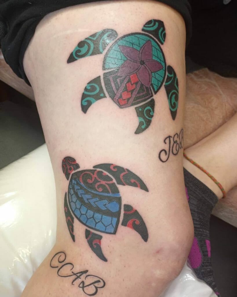 Colorful Turtle Pair Tattoos