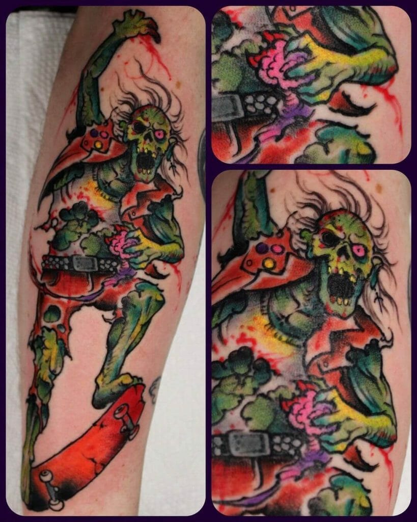 Colorful Zombie On A Skateboard Tattoo