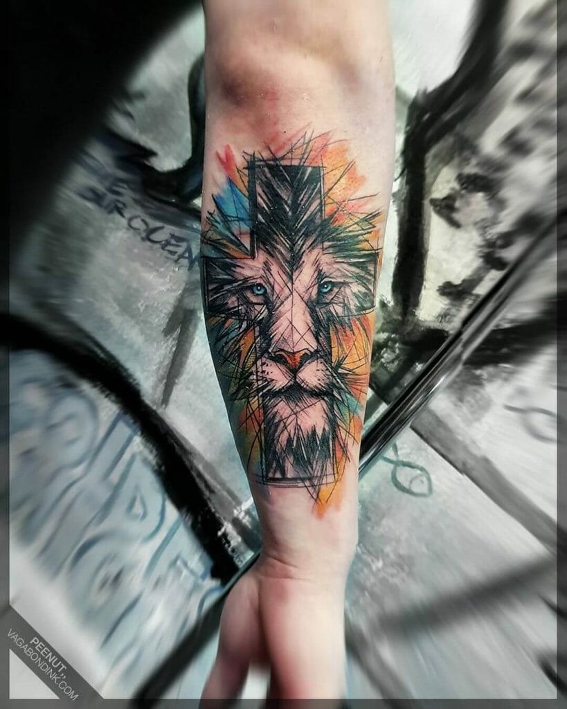 Coloured Lion Cross Tattoo